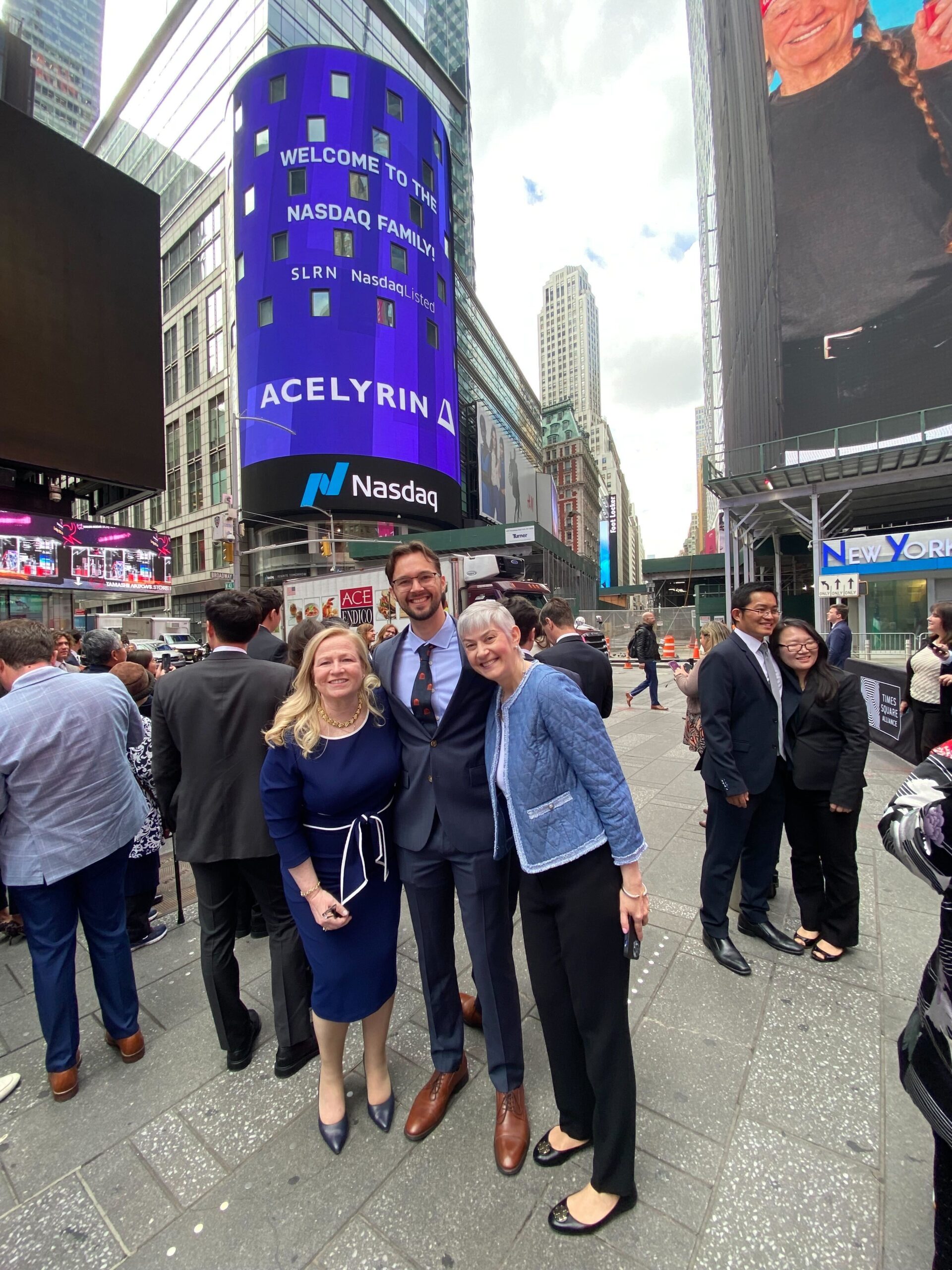 SternIR team outside Nasdaq MarketSite in Times Square NYC to celebrate Acelyrin's recent IPO (May 5, 2023)